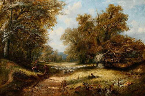 Landscape with a Shepherd on a Road through Trees, , John Linnell