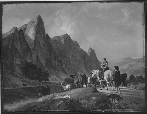 Gebirgslandschaft mit Viehherde an einer Furt, 1840, Friedrich Simmler