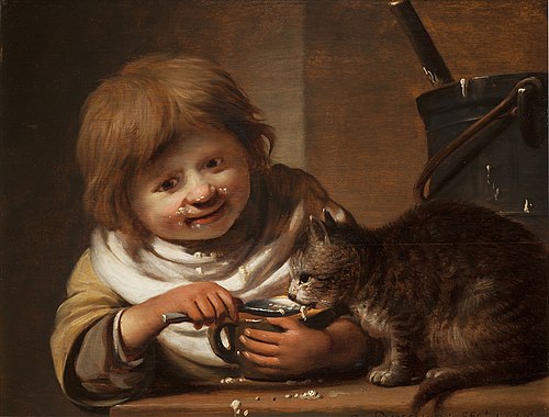 Boy feeding his Cat, 1660, Cornelis Bisschop