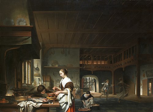 Kitchen interior with a maid preparing a sauce, 1665, Cornelis Bisschop