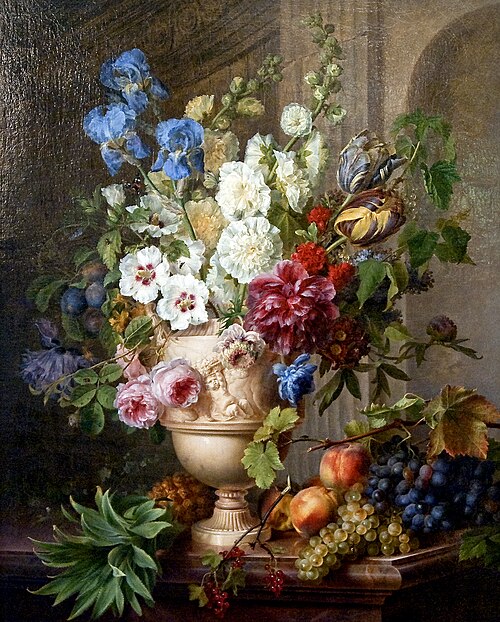 Fleurs dans un vase en albâtre avec des fruits sur un plateau de marbre, 1781, Gérard van Spaendonck