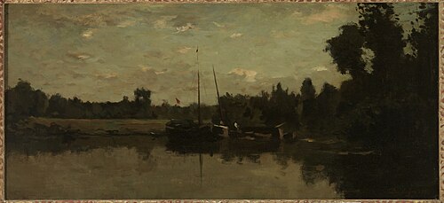 Landschap met schepen op een rivier in de avond., 1866, Charles-François Daubigny