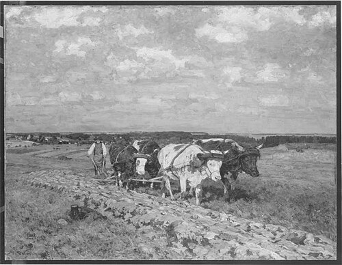 Pflügender Bauer mit einem Gespann von vier Ochsen, 1900, Viktor Weisshaupt