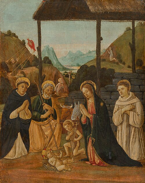 Adoration of the Child with Young St. John and St. Dominic and Bernard of Clairvaux, 1475, Jacopo del Sellaio