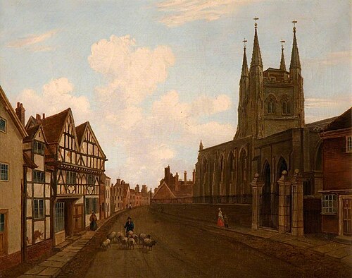 St Editha's Church and the Old Paregoric Shop, Tamworth, 1856, Henry Lark Pratt