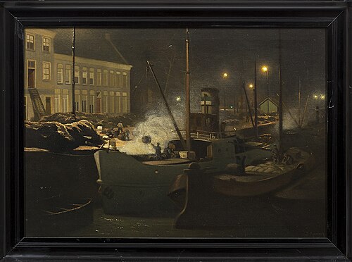 Het Lopende Diep met het lossen der Hunzeboten bij avond, 1910, Bernardus Bueninck