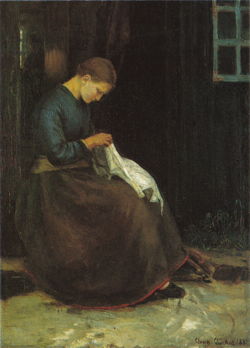 Young woman with her needle-work at the door of a house, 1881, Anna Ancher