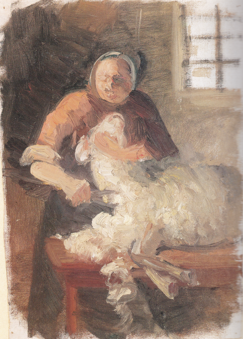 A woman shearing a sheep, 1900, Anna Ancher