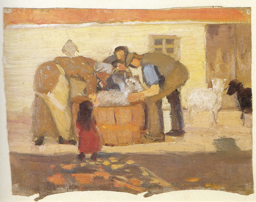 Washing the sheep in front of a house, 1920, Anna Ancher