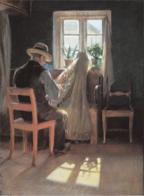 The fisherman Kræn Wollesen mending nets, 1886, Anna Ancher