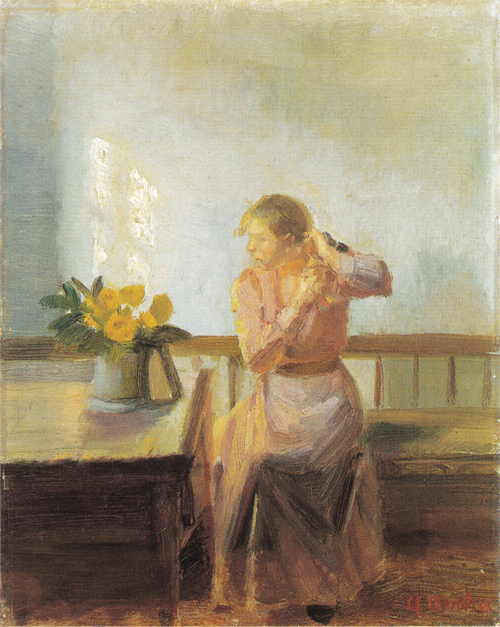 Sitting woman, plaiting her hair, 1906, Anna Ancher