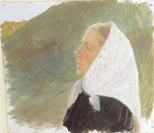 Young woman in black with a white headscarff, sitting in the dunes, 1903, Anna Ancher