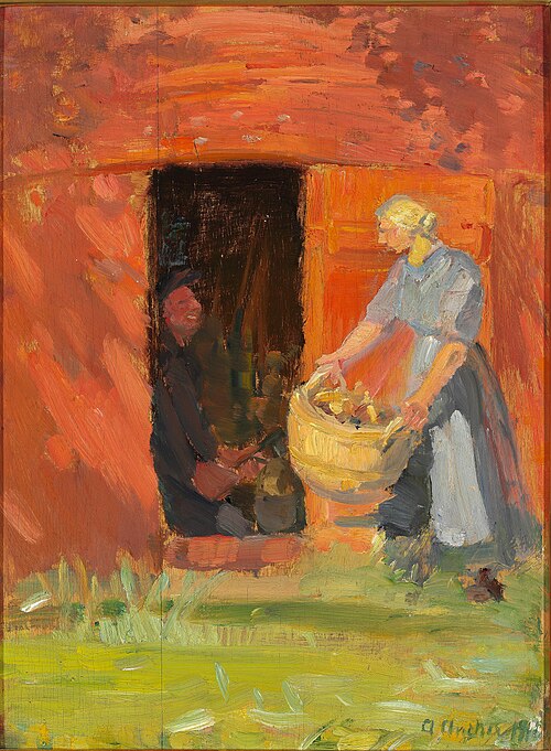 Young woman carrying the washing at a red house in Skagen., 1911, Anna Ancher