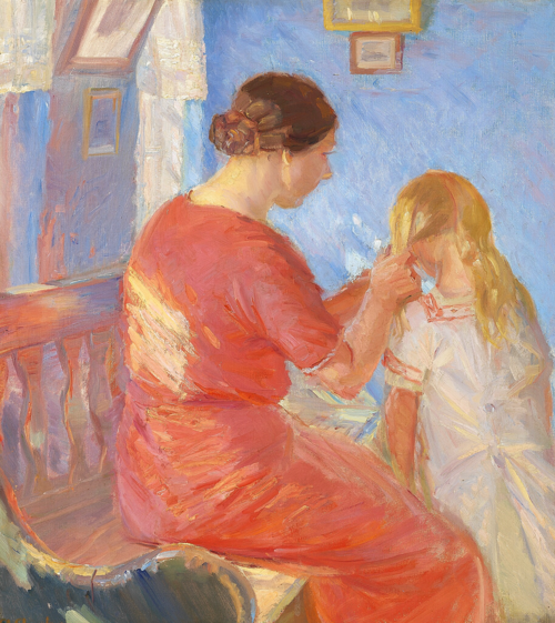 A mother making plaits for her child., 1916, Anna Ancher