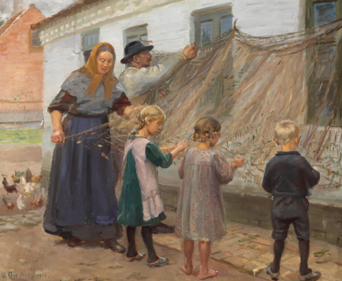 Disentangling the fishing net., 1911, Anna Ancher