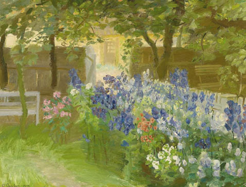 Flowers in Brøndum's garden, view towards "Rullestuen"., 1912, Anna Ancher
