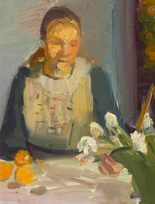 Portrait of Maren Brems sitting at a sunlit table with white and pink tulips in a green vase., 1893, Anna Ancher