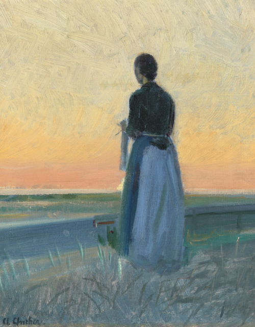 A young woman with knitting, standing in the sunnset., , Anna Ancher