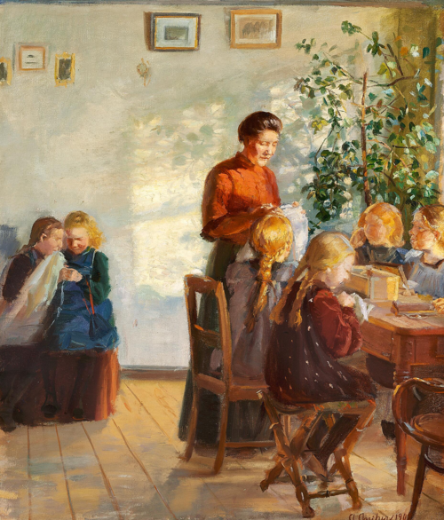 A sewing class., 1909, Anna Ancher