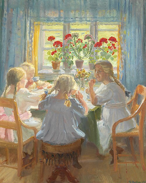 Little girls having a tea party in Nordstuen in Anchers' house on Markvej, Skagen., 1919, Anna Ancher