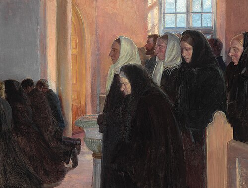 Communion in the church of Skagen. Sunlight through the church window., 1899, Anna Ancher