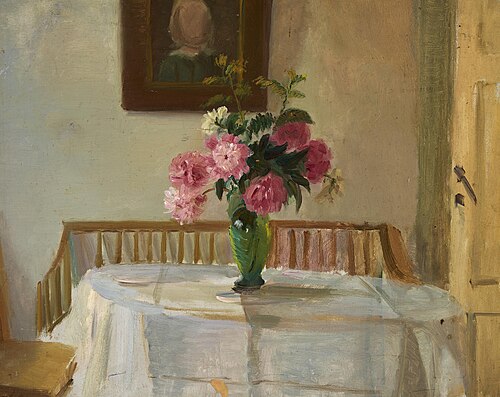 Interior from Anchers' house on Markvej, Skagen, with pink chrysanthemums in a vase upon a table., 1912, Anna Ancher