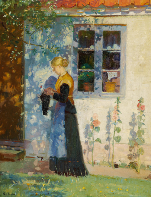 A young woman standing in front of a house in Skagen., 1906, Anna Ancher