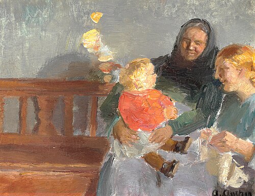 Sunlit interior with three generations., 1920, Anna Ancher