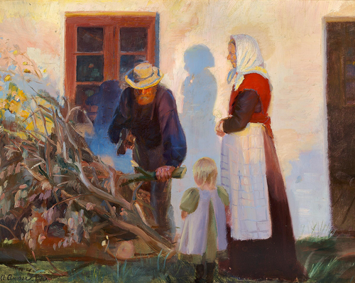 A family from Skagen is cutting boughs outside a house., 1902, Anna Ancher