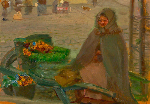 A flower seller with a wheelbarrow., 1906, Anna Ancher