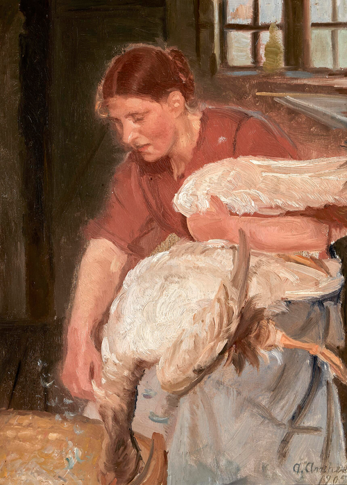 A woman from Skagen plucks a goose., 1905, Anna Ancher