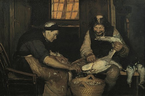 Old couple plucking gulls. Lars Gaihede and old Lene, 1883, Anna Ancher