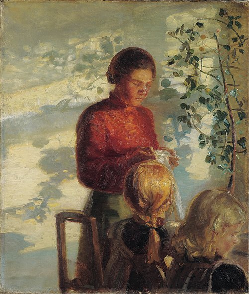 Two Girls have Sewing Lesson, 1910, Anna Ancher