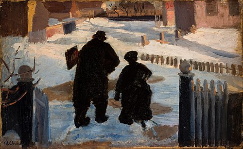 Michael Ancher on his way to his studio accompanied by the organist Helene Christensen, 1887, Anna Ancher