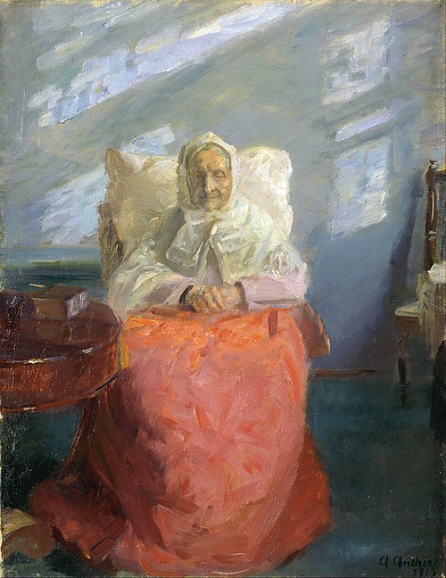 Mrs Ane Brøndum in the blue room, 1913, Anna Ancher