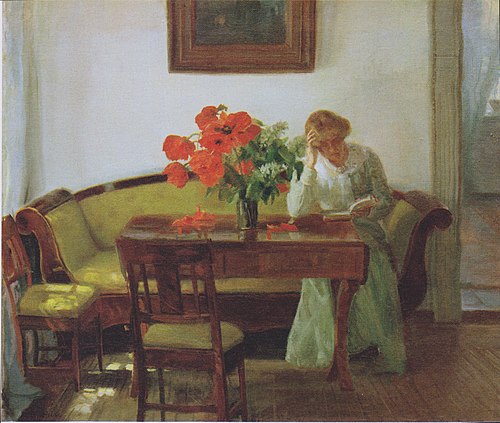 Interior with poppies and reading woman (Lizzy Hohlenberg), 1905, Anna Ancher