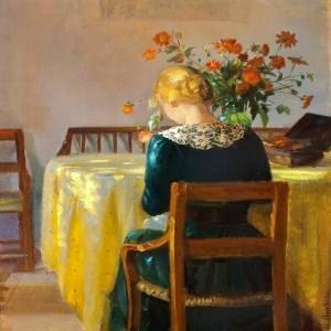 Interior With The Painter's Daughter Helga Sewing, 1890, Anna Ancher