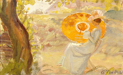 Young Girl in a Garden with Orange Umbrella, 1915, Anna Ancher