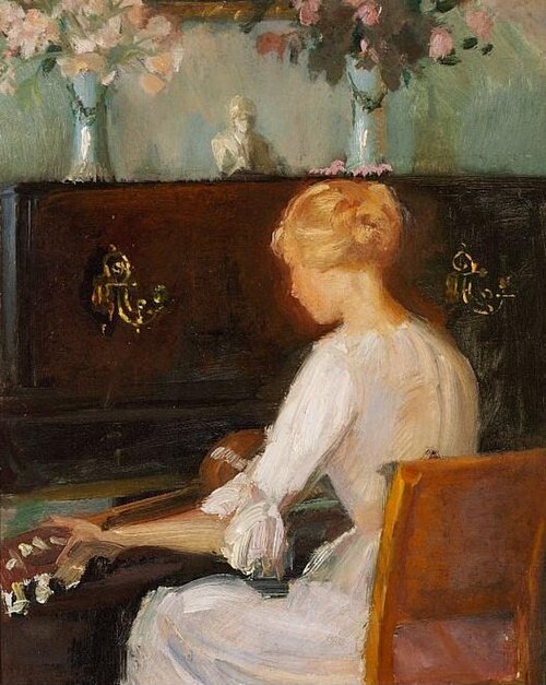 Young Woman Playing a Guitar Before a Piano, , Anna Ancher