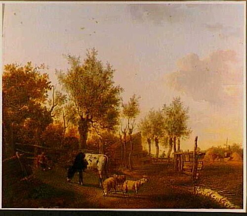 Boerenerf met koeien, schapen en rustende boer, 1803, Jan Kobell