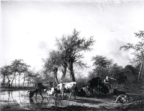 Een Hollands landschap, links rundvee bij een water, rechts een boerin, bezig met melken, 1812, Jan Kobell