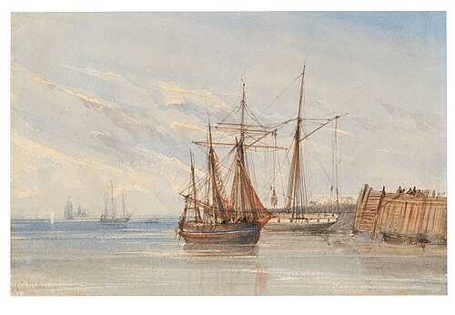 Fishing boats beside the harbour wall, Gravesend, Kent, , William Callow