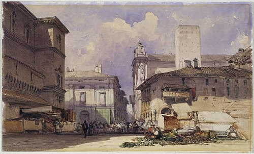 Via dell'Independenza with the Palazzo Communale, Bologna, 1866, William Callow