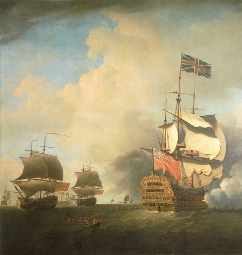 A First-Rate Shortening Sail, 1736, Samuel Scott