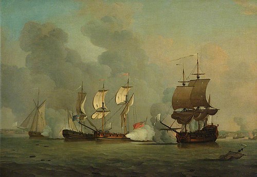 An English privateer engaging a French privateer, , Samuel Scott