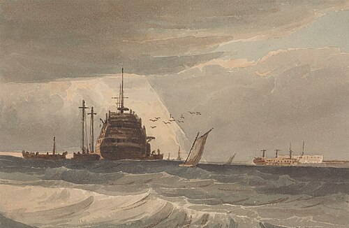 Off Portsmouth: Boats Loading or Unloading a Large Hulk, Small Craft Nearby, , Samuel Prout