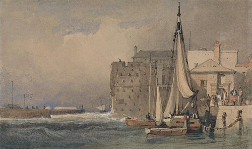 A Harbour; Breakwater Left, Small Boats Moored Alongside a Quay with Figures Right, , Samuel Prout