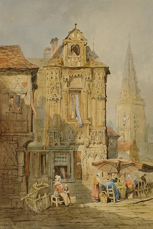 Marketplace at Bruges, 1817, Samuel Prout