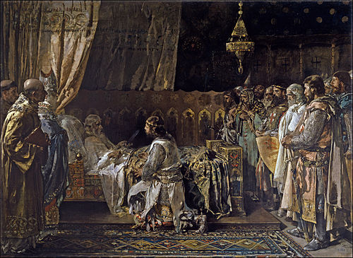 In his final moments, King Jaime el Conquistador gives his sword to his son, Pedro, 1881, Ignasi Pinazo i Camarlench