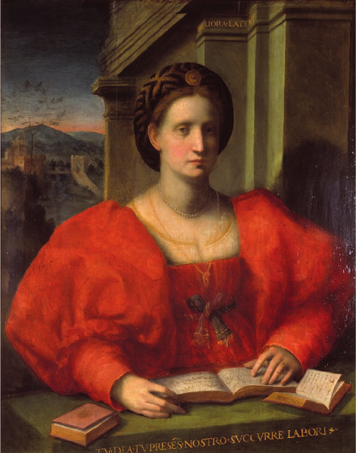 Portrait of a Lady Reading a Music Book inscribed 'Petrarcha', 1524, Domenico Puligo